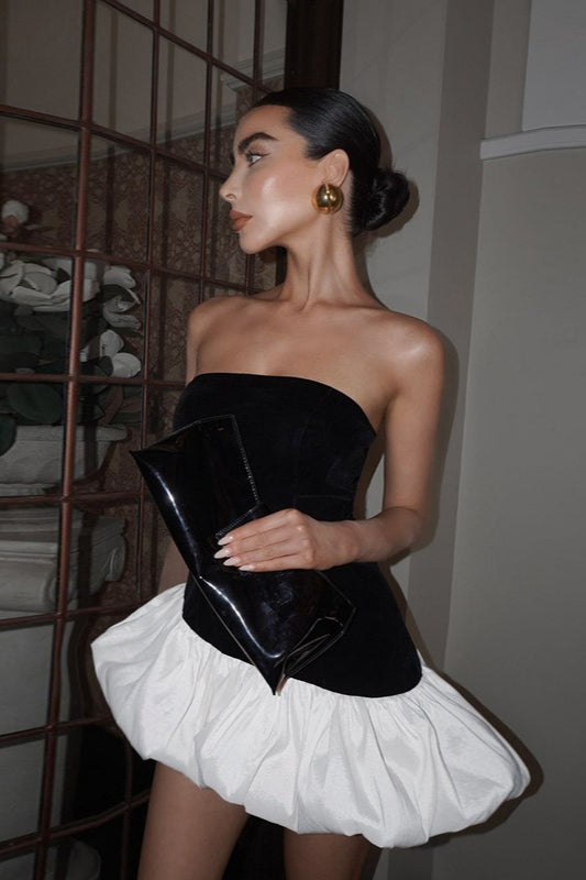Strapless Bubble Hem Contrast Peplum Fit and Flare Mini Party Dress