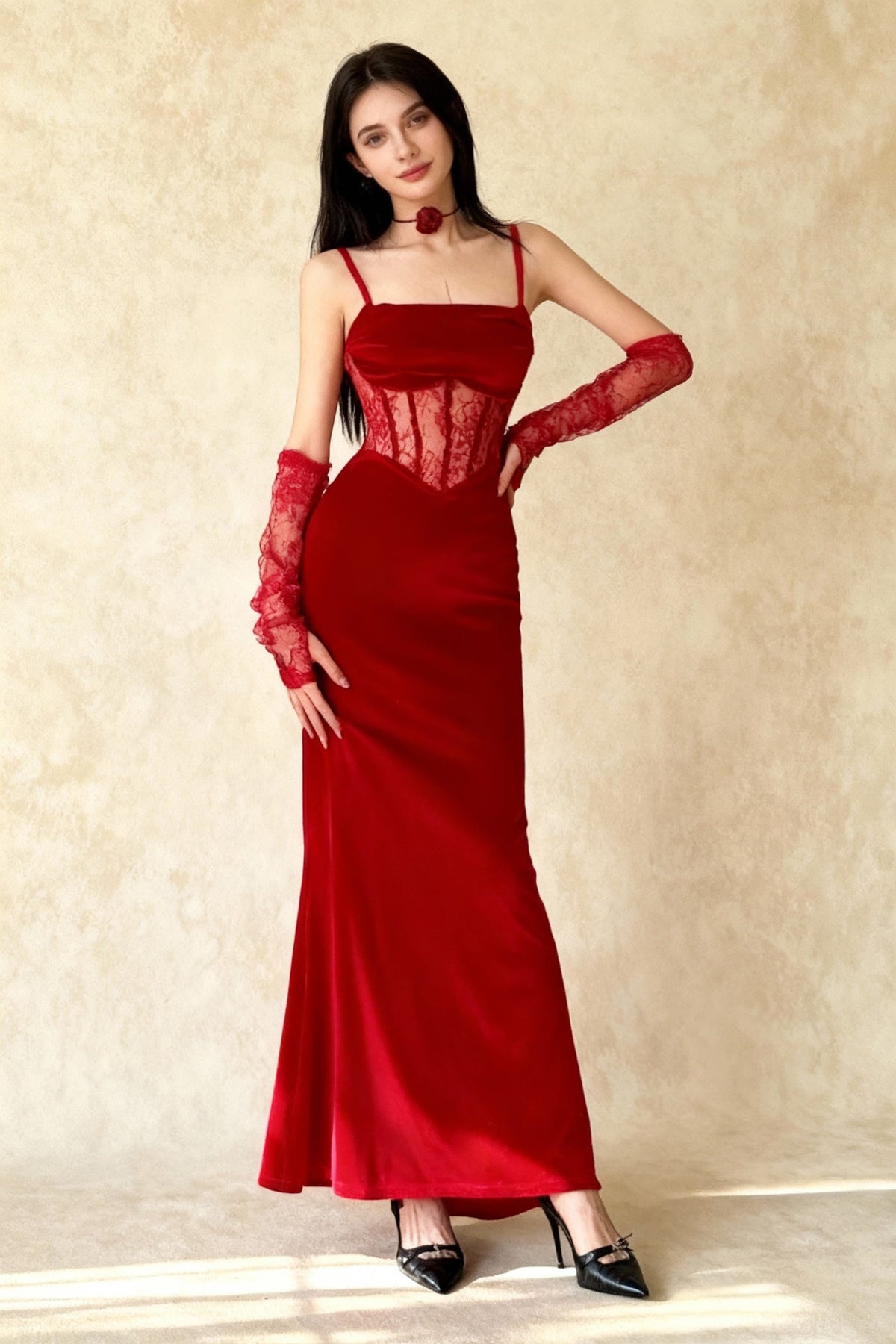 Velvet Lace Maxi Dress in Red - View 2