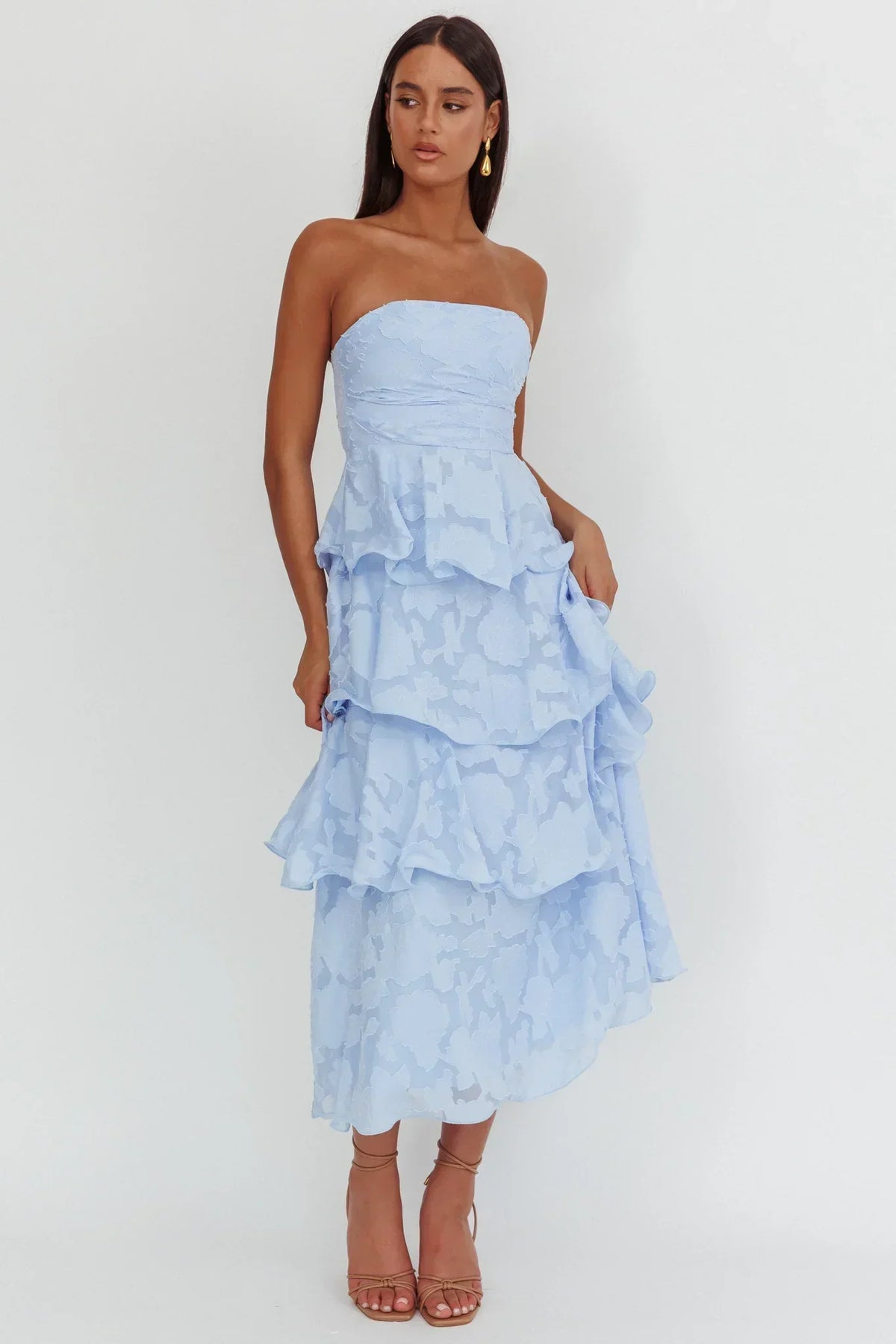 Floral Burnout Strapless Ruched Bodice Tiered Ruffle Midi Dress 4