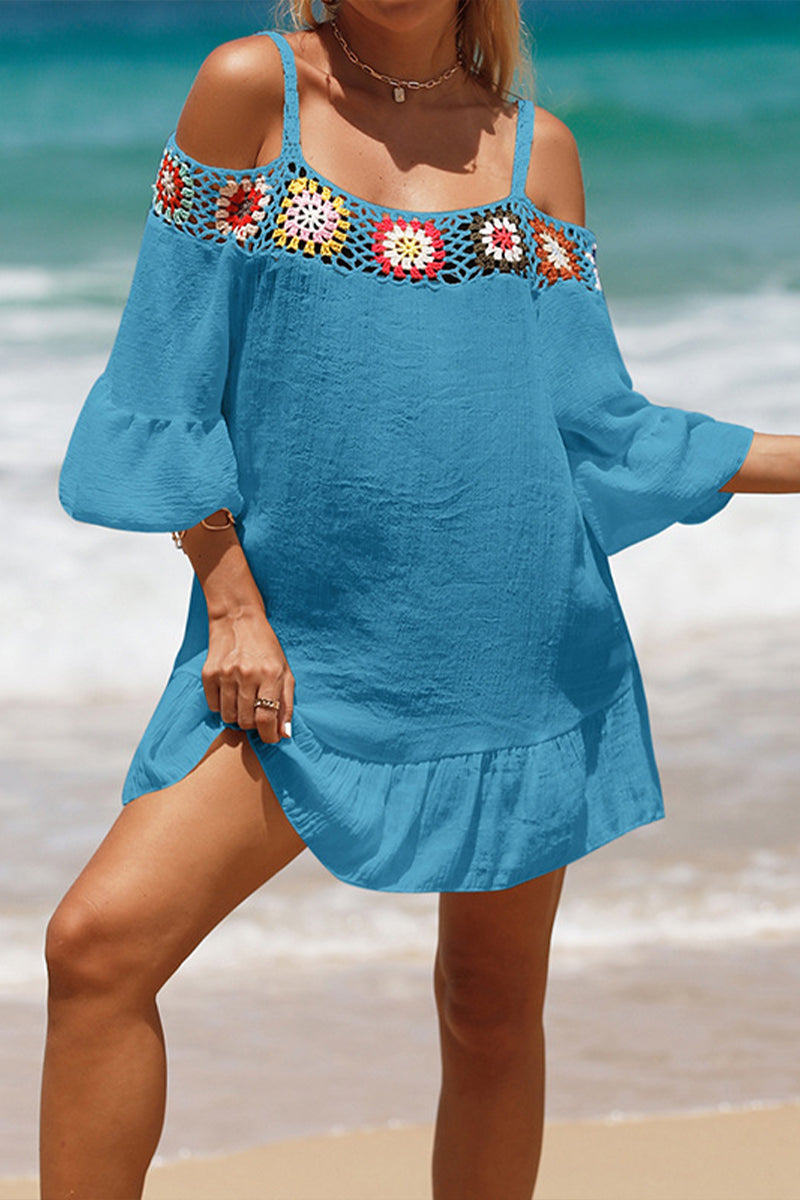 Crocheted Off Shoulder Short Solid Color Sunscreen Beach Skirt