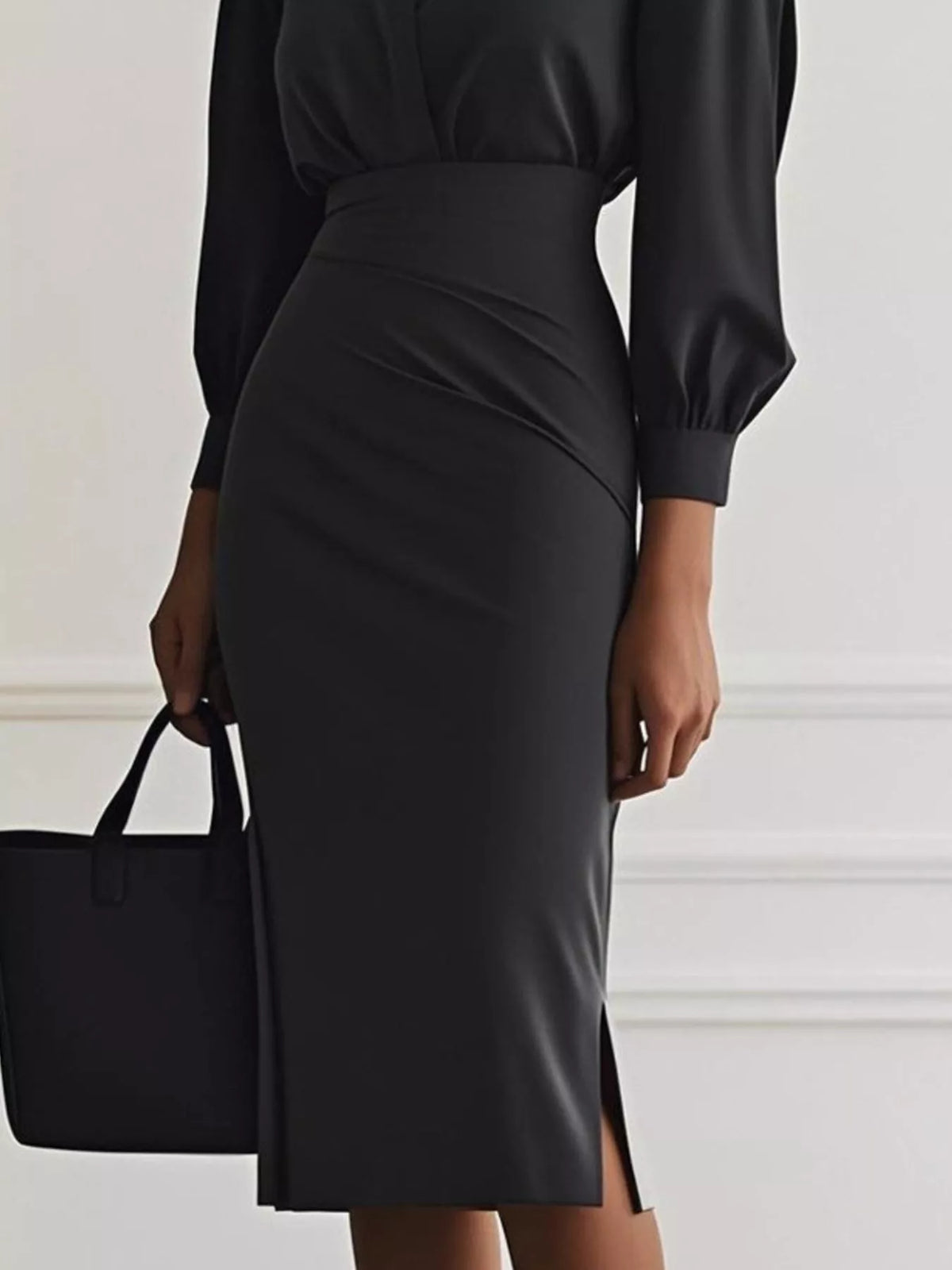 Collared V-Neck Puff Sleeve Ruched Side Slit Midi Shirt Dress 2