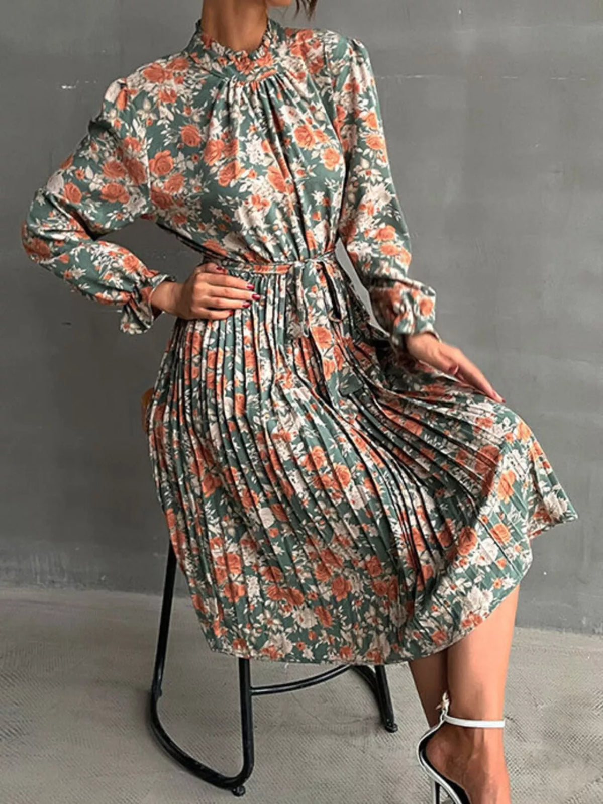 Floral Print Ruffle Mock Neck Long Sleeve Belted Pleated Midi Dress 2
