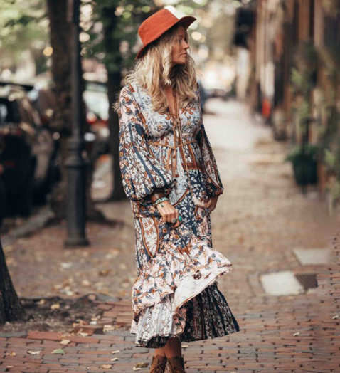 Boho Patchwork Floral Print Puff Sleeve Tie Front V-Neck Ruffle Hem Maxi Dress 3
