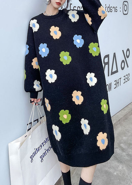 Knit Floral Print Oversized Crew Neck Long Sleeve Maxi Sweater Dress