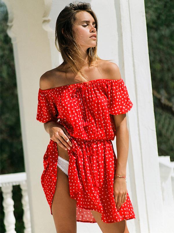 Ditsy Print Off Shoulder Short Sleeve Tassel Tie Drawstring Waist Mini Dress
