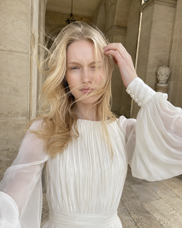 Lantern Sleeve Pearl Sheer Maxi Dress