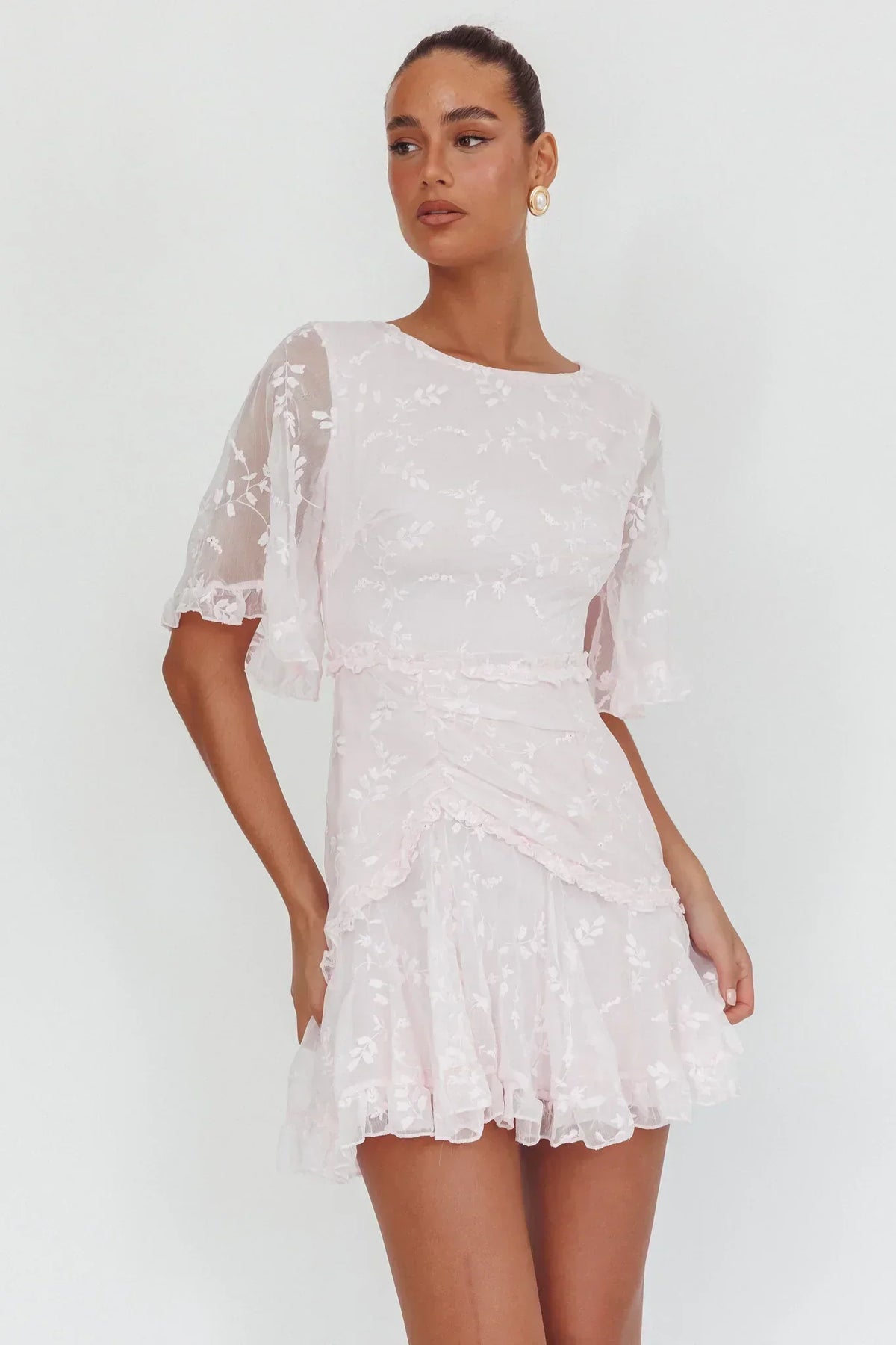Embroidered Mesh Flutter Sleeve Ruched Frill Trim Mini Dress