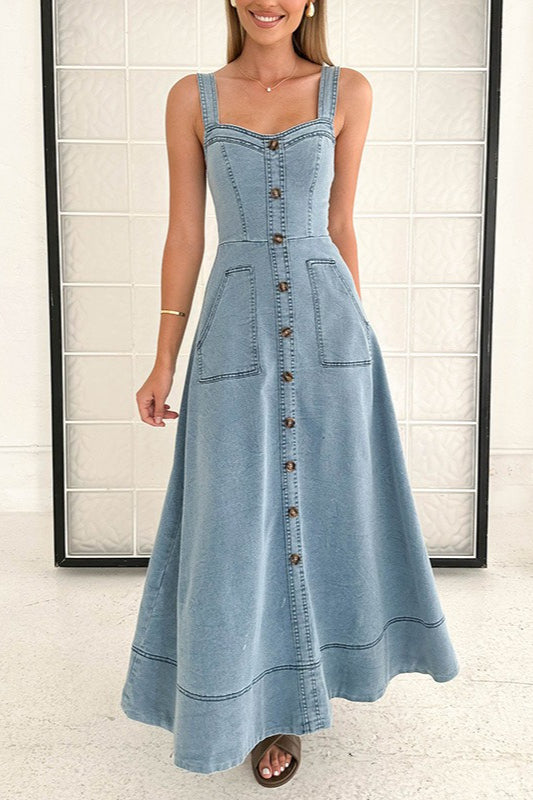 Strappy Edition Backless Maxi Denim Dress
