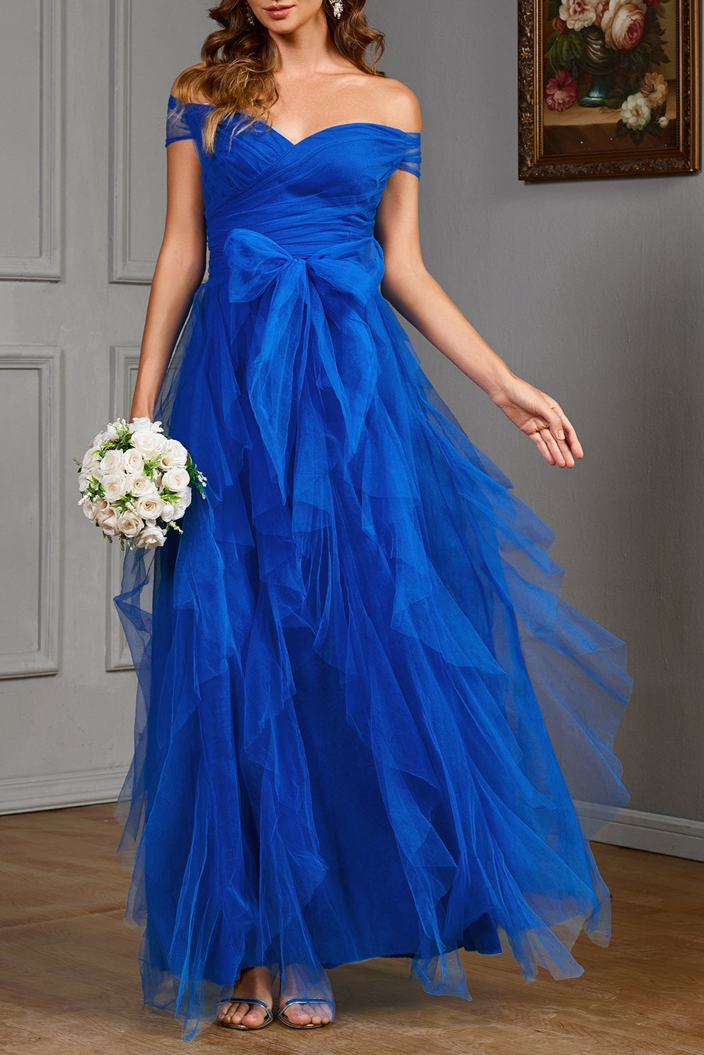 Off Shoulder Sweetheart Ruched Tiered Tulle A-Line Maxi Gown
