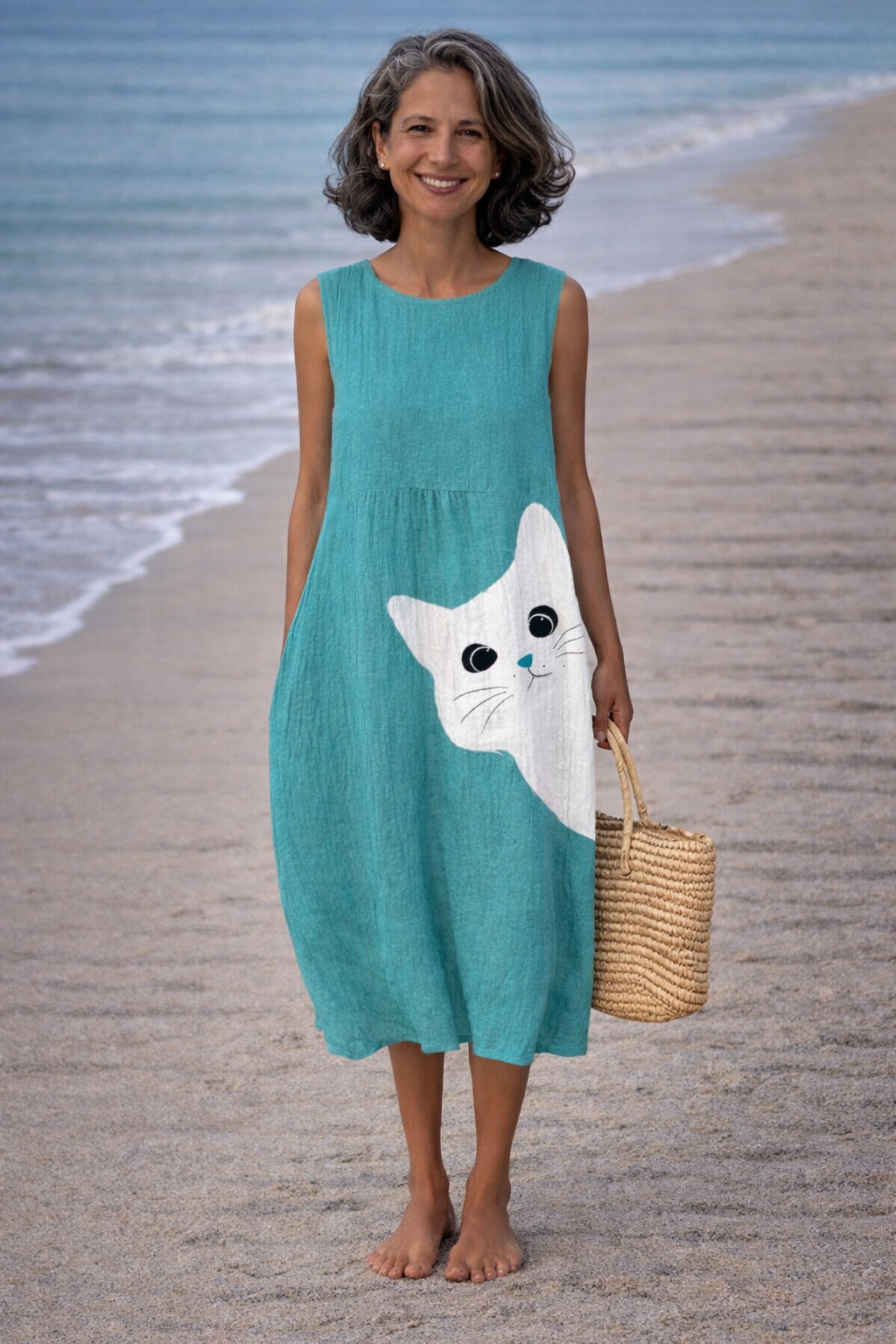 Cat Print Round Neck Sleeveless Cocoon Midi Dress