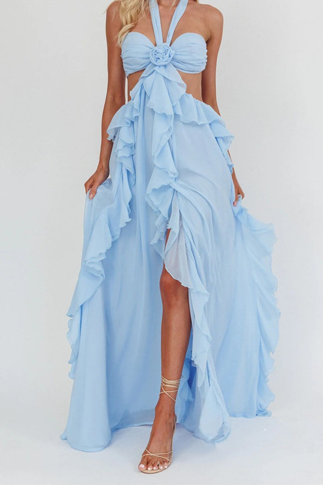 Strapless Chiffon Ruffle Rosette Cut Out High Split Maxi Dress