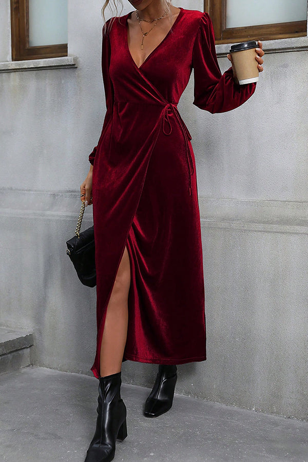 Velvet Long-sleeve V-neck Tie-waist Slit Maxi Dress - View 3