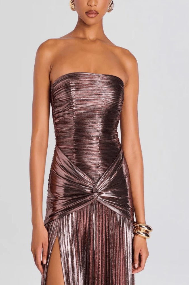 Metallic Strapless Ruched High Split Bodycon Formal Mini Dress