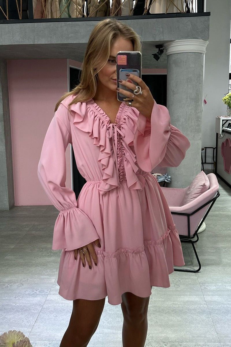 Chiffon V Neck Flared Sleeve Mini Dress - View 12