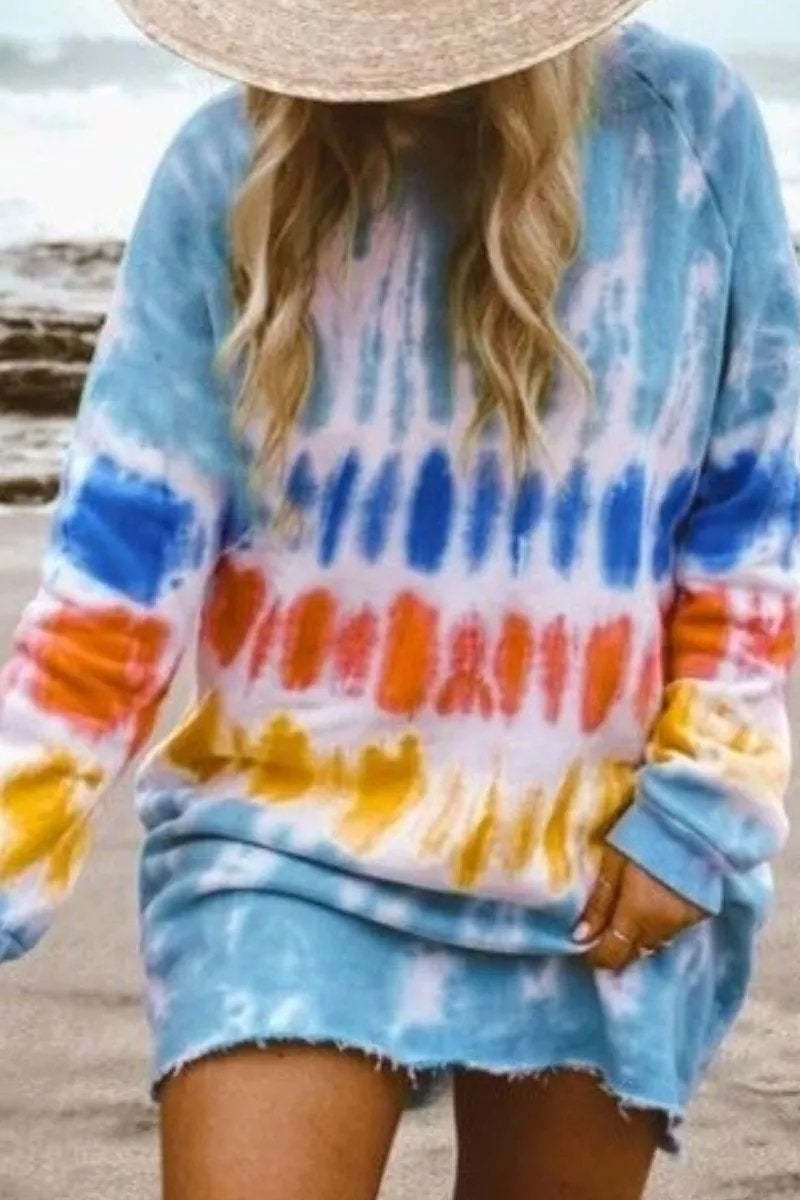 Knit Crew Neck Raglan Sleeve Raw Hem Oversized Sweatshirt Mini Dress