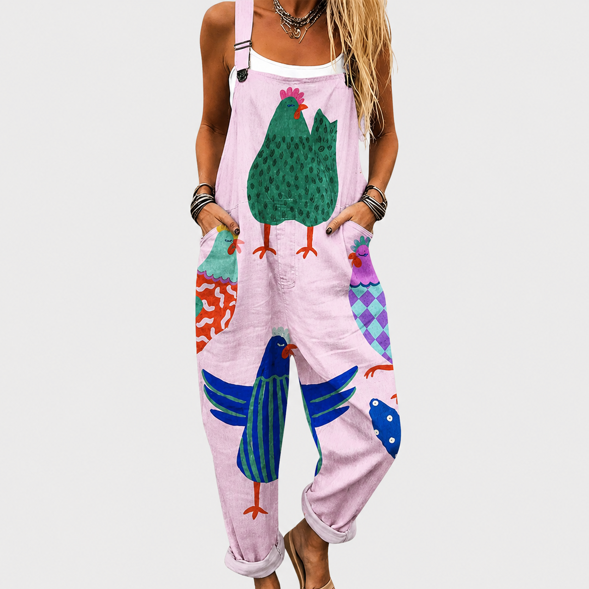 Cartoon Chicken Print Adjustable Strap Overall Jumpsuit