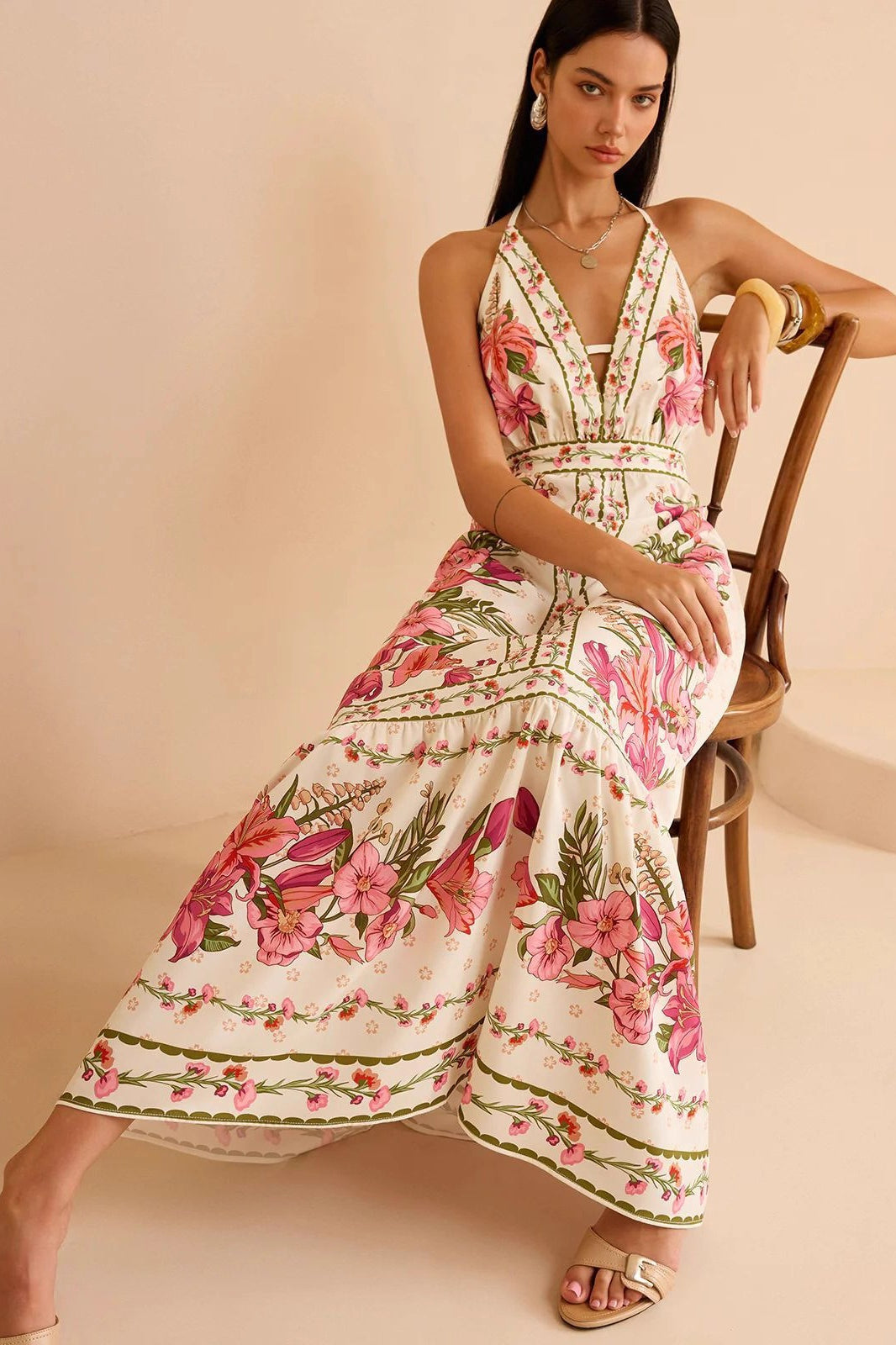 Halter Neck Floral Maxi Riviera Chic Boho Dress