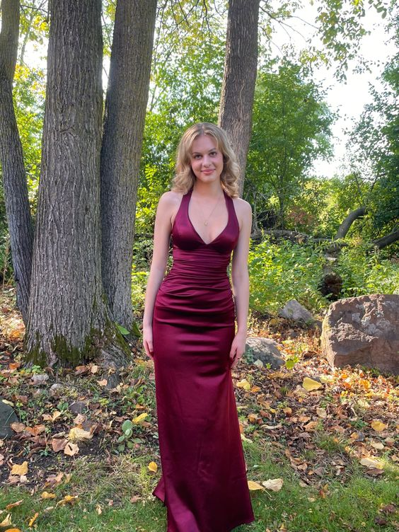 Burgundy Satin V Neck Long Prom Dress Evening Dress cc1424