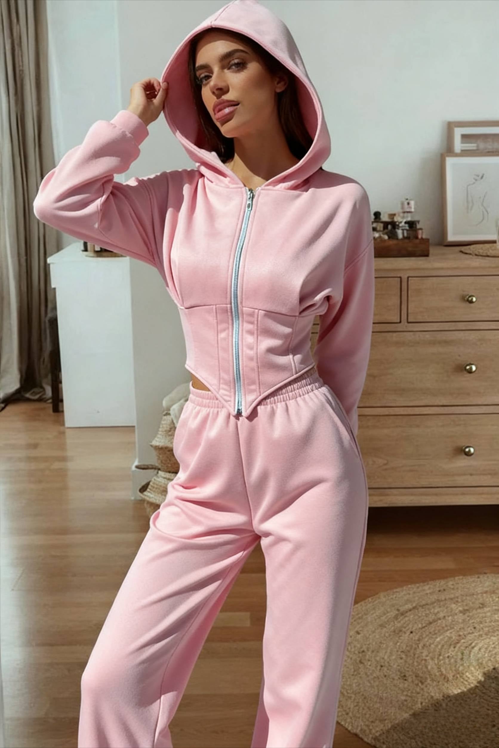 Hooded Drawstring Two Piece Pants Set