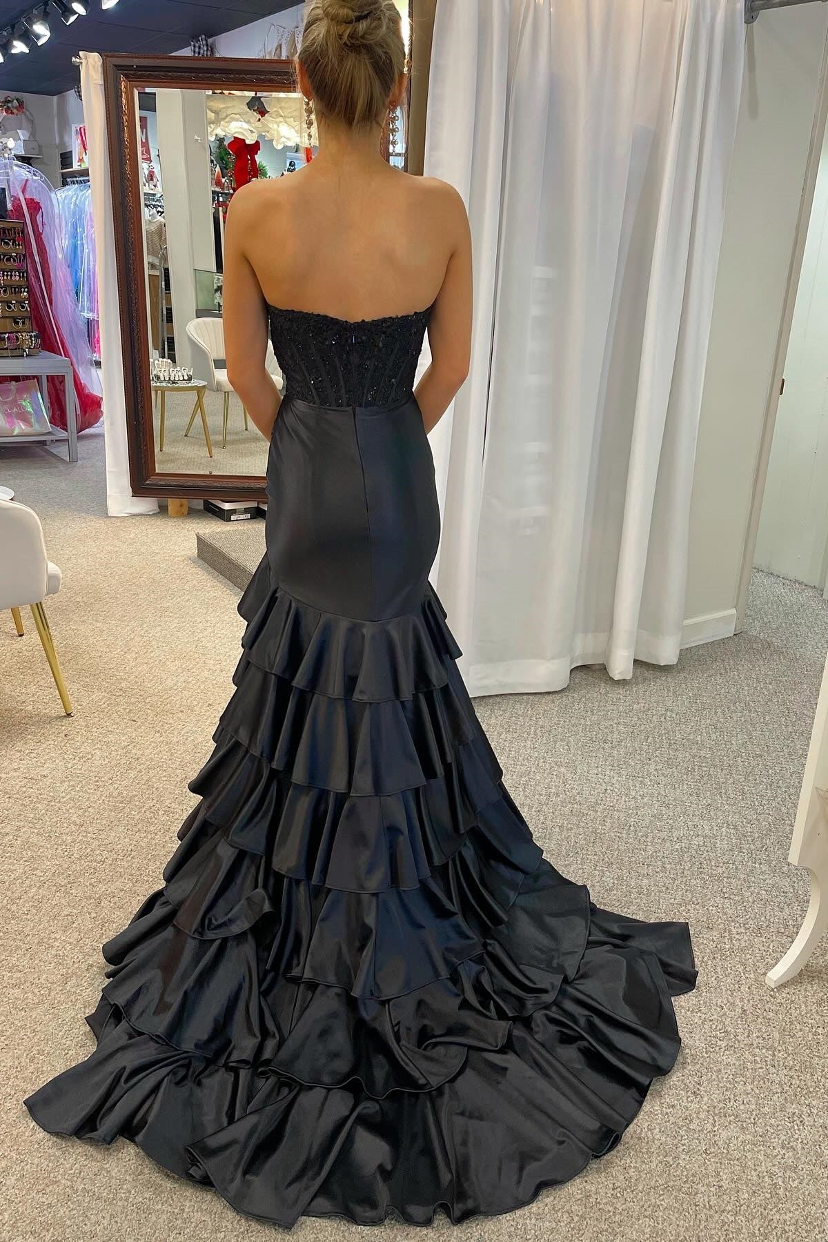 Stylish Pink Mermaid Strapless Long Tiered Satin Prom Dress with Sequin