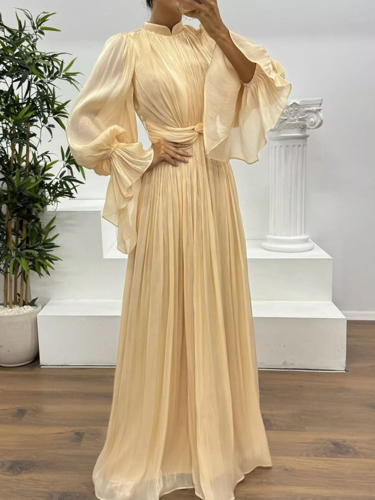 Pleated Satin Mock Neck Flared Bell Sleeve Twist Waist Maxi Gown 3