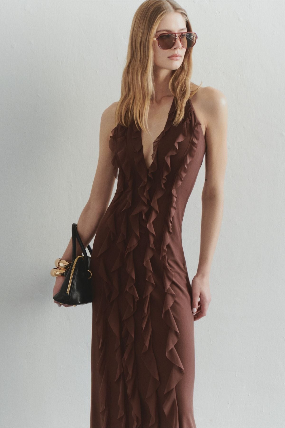 Chiffon Halter Deep V-Neck Ruffle Trim Backless Slip Maxi Dress