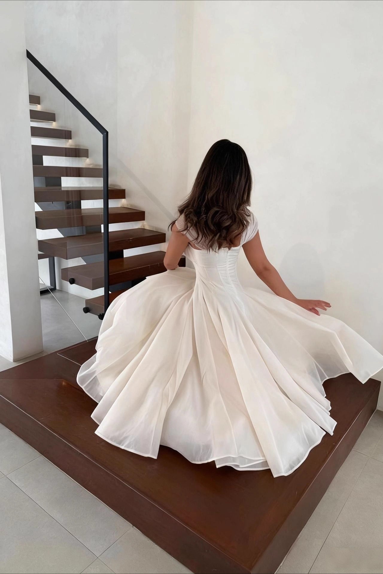 Cap Sleeve Sweetheart Corset Organza A-Line Midi Prom Dress