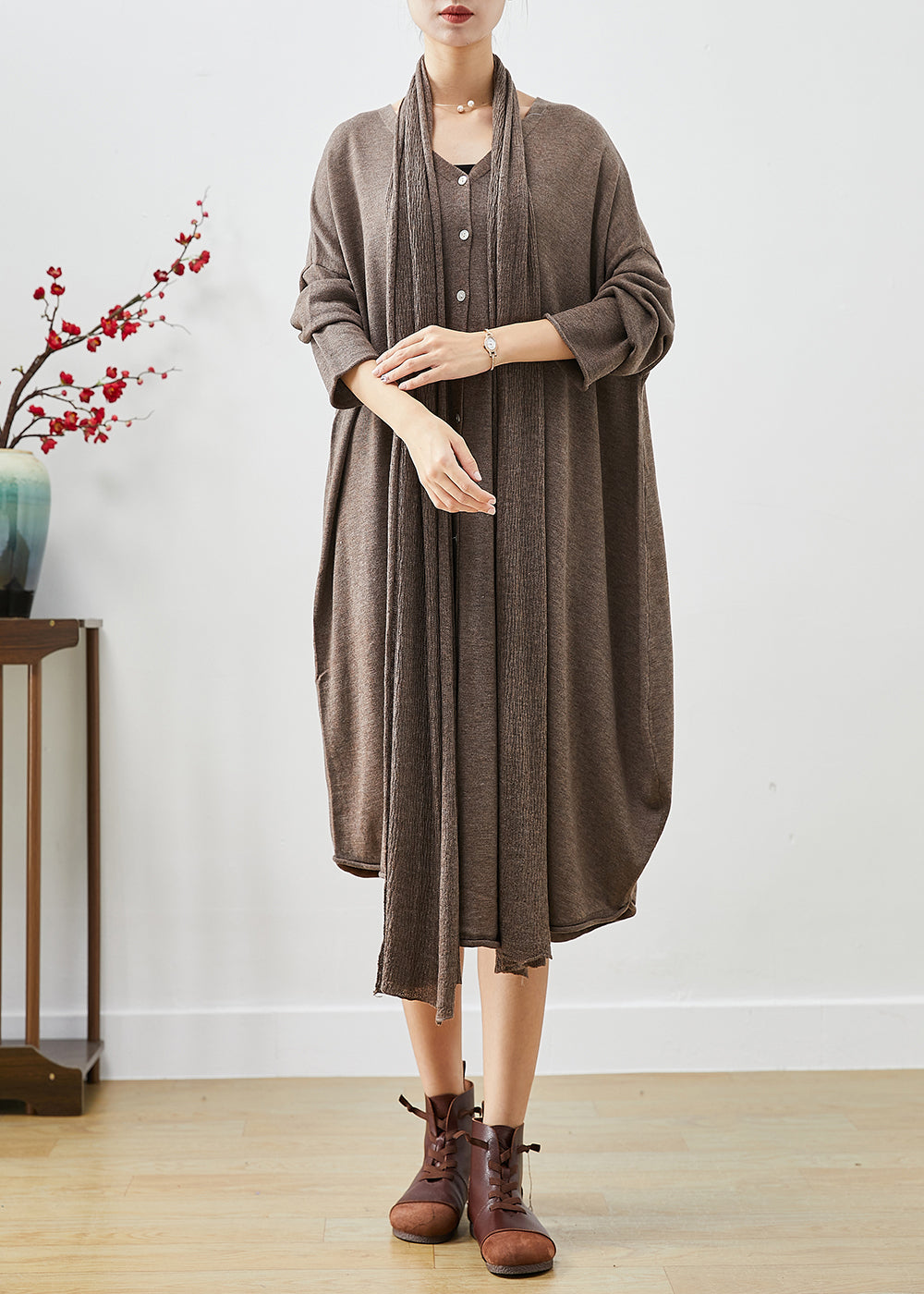 Knit Scarf Neck Long Sleeve Oversized Draped Hem Midi Sweater Dress