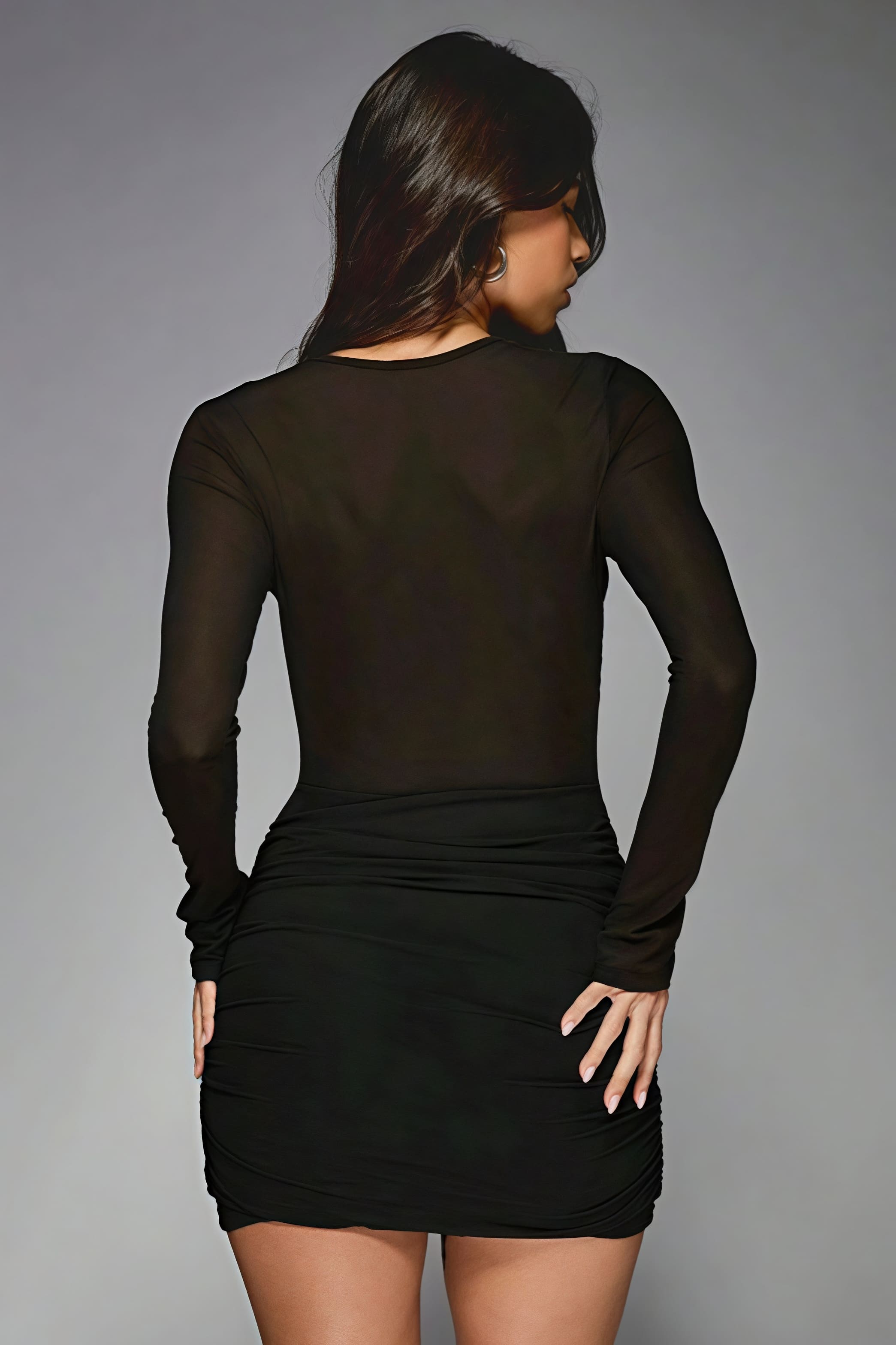Sheer Mesh Ruched Patchwork Long Sleeve Mini Dress - View 6