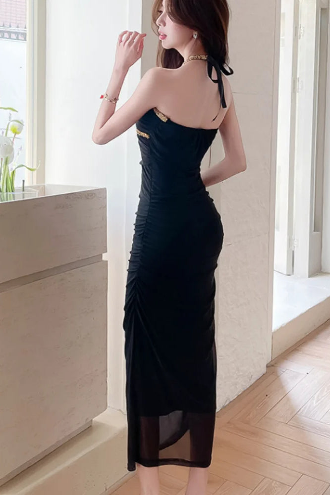 Halter Neck Rhinestone Trim Ruched Bodycon Midi Dress