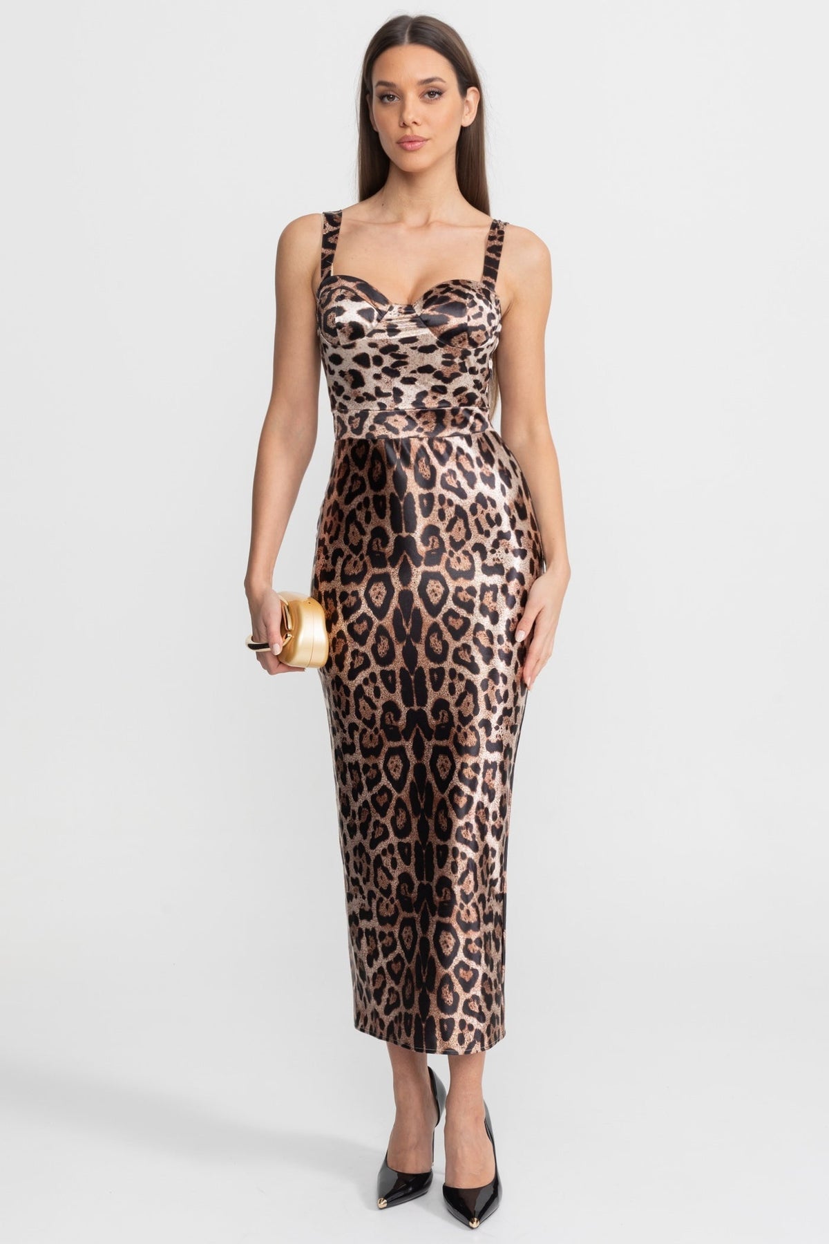 Leopard Print Satin Sweetheart Neck Bustier Bodycon Midi Dress 2