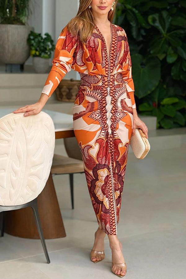 Unique Print Dolman Long Sleeve Ruched Slit Midi Dress Orange