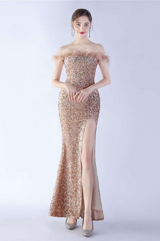 Sequin Off Shoulder Feather Trim High Split Mermaid Gown