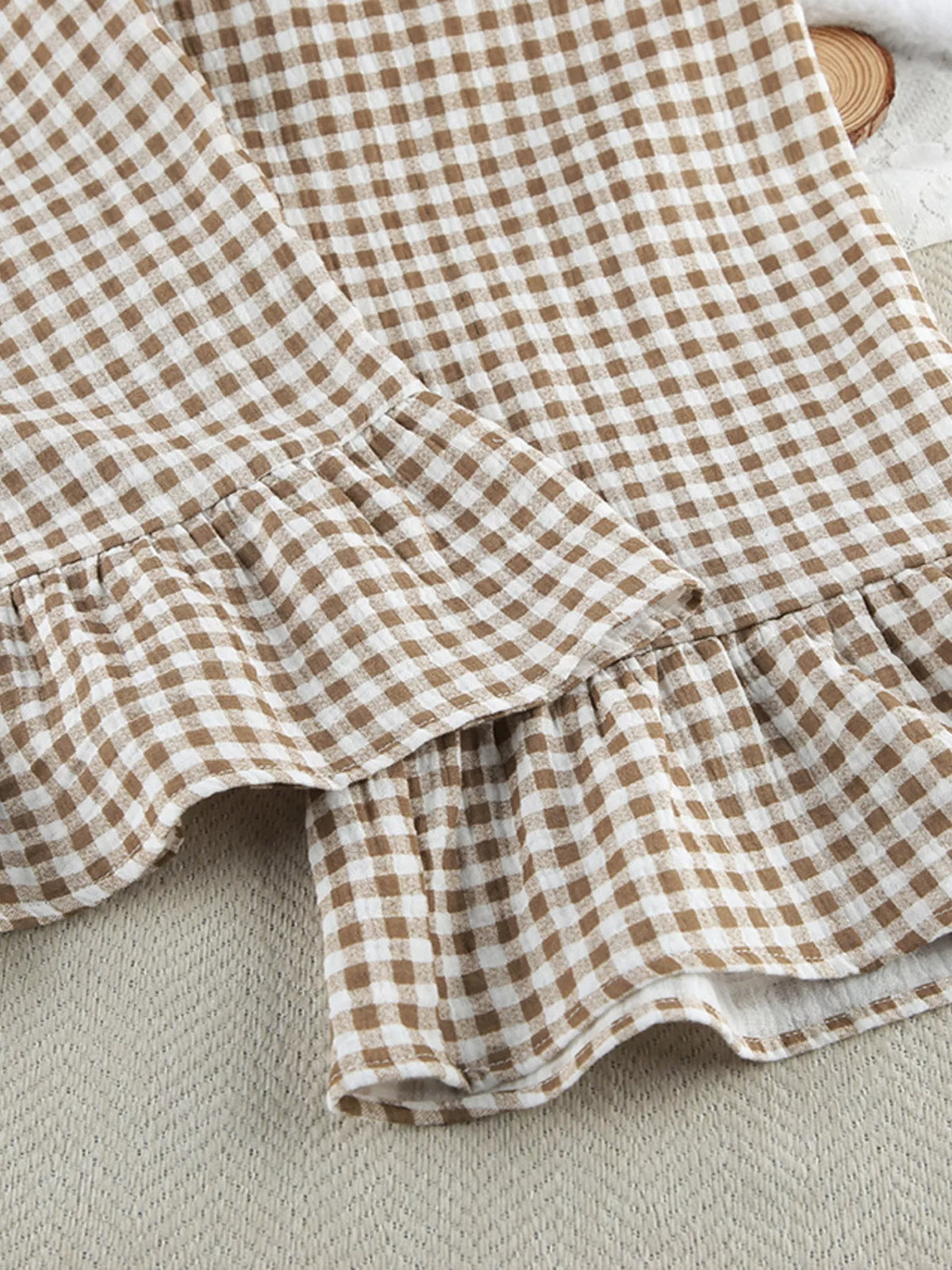 Gingham Ruffle Cuff Button Up Shirt and Ruffle Hem Pants Pajama Two Piece Set 10