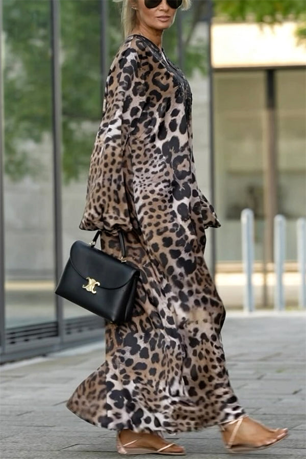 Rayna Lace Mixed Leopard Print Balloon Sleeve A-line Maxi Dress - View 4
