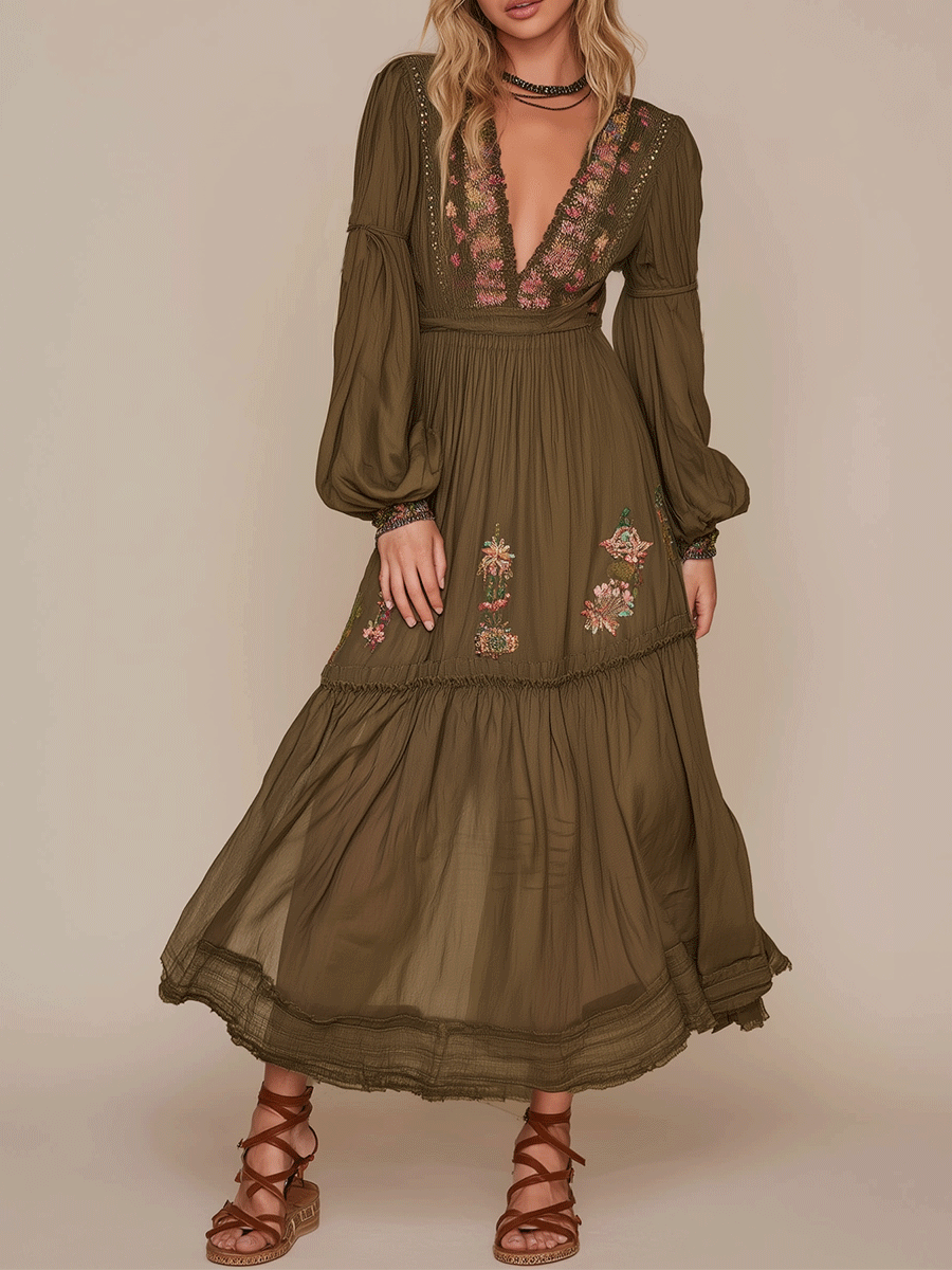 Elegance Floral Romance Olive Boho Maxi Dress - FashionAxe