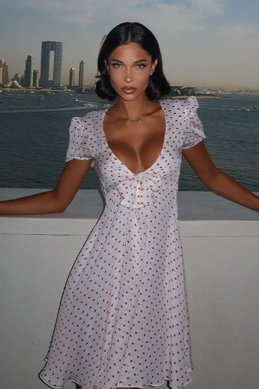 Sexy Deep V Puff Sleeve High Waist Polka Dot Mini Dress