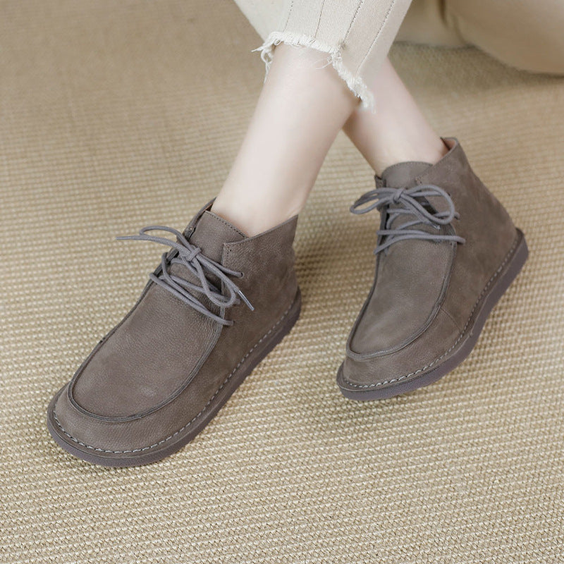 Genuine Leather Soft Flat Boots For Women Round Toe Lace Up Mori Girl Style Wide Fit Grey/Coffee