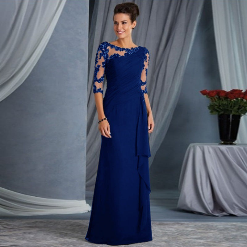 Lace Illusion Boat Neck Three Quarter Sleeve Ruched Maxi Gown - View 5