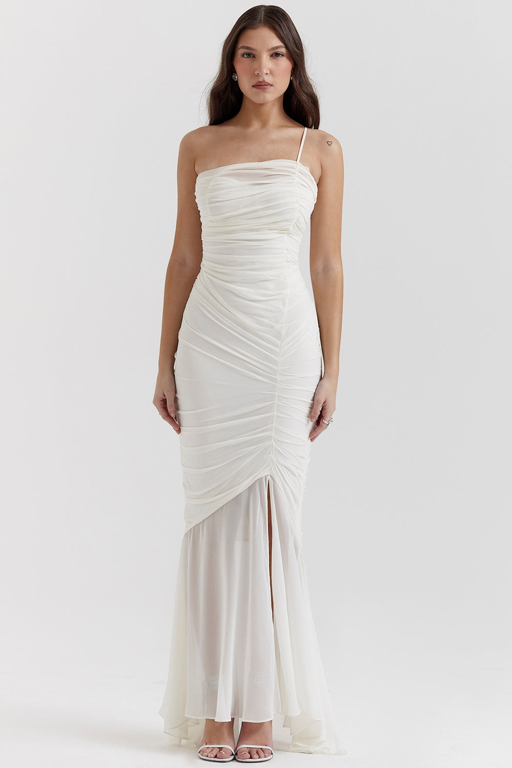 Ruched Mesh Asymmetric Neck Front Split Mermaid Maxi Dress 3