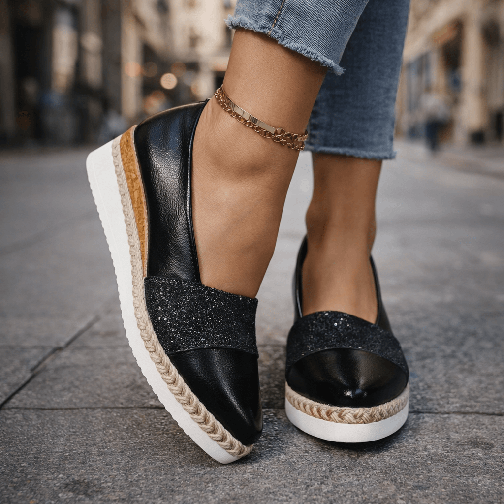 Glitter Cap Toe Slip On Espadrille Wedge Flats