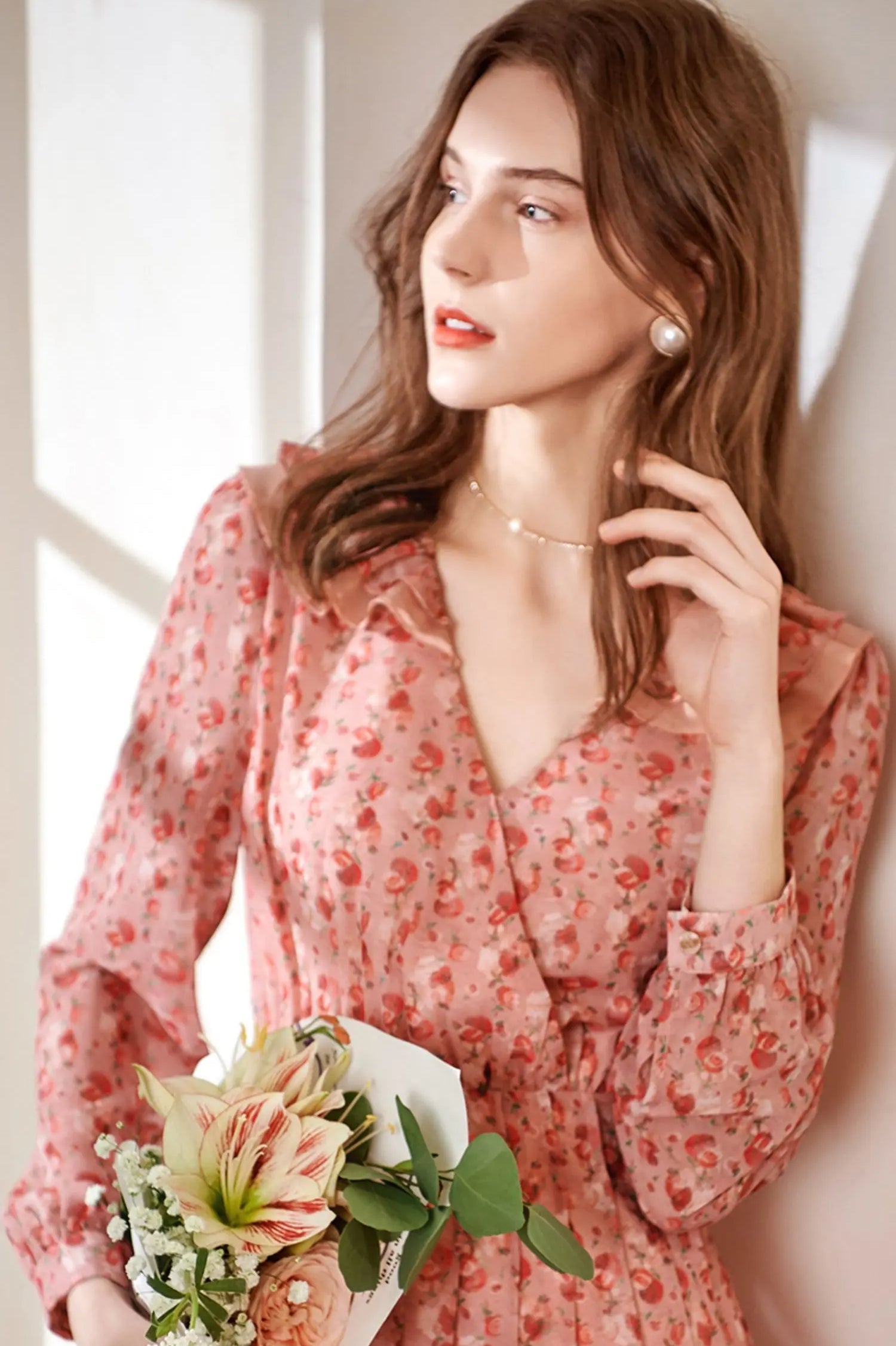 Floral Print Deep V-Neck Ruffle Trim Long Sleeve Fit and Flare Midi Dress