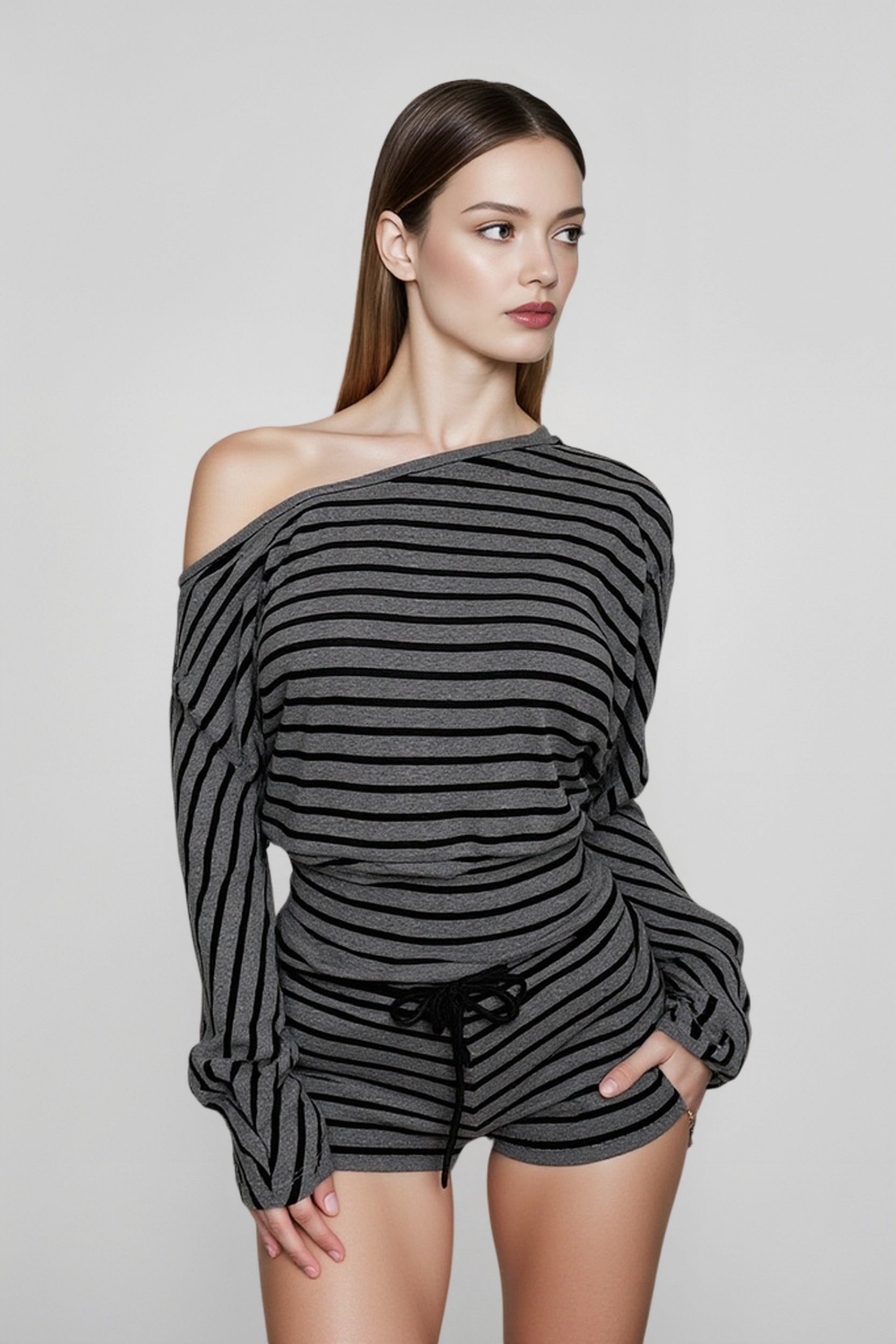 Printed Striped Loose Asymmetric Shoulder Blouse