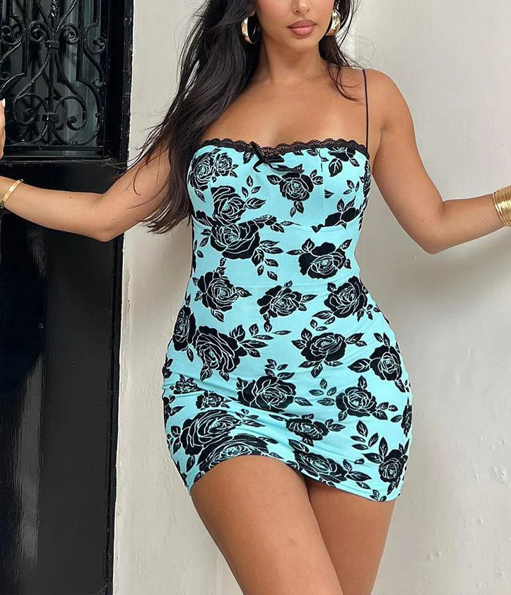 Rose Print Lace Trim Bow Front Spaghetti Strap Bodycon Mini Dress