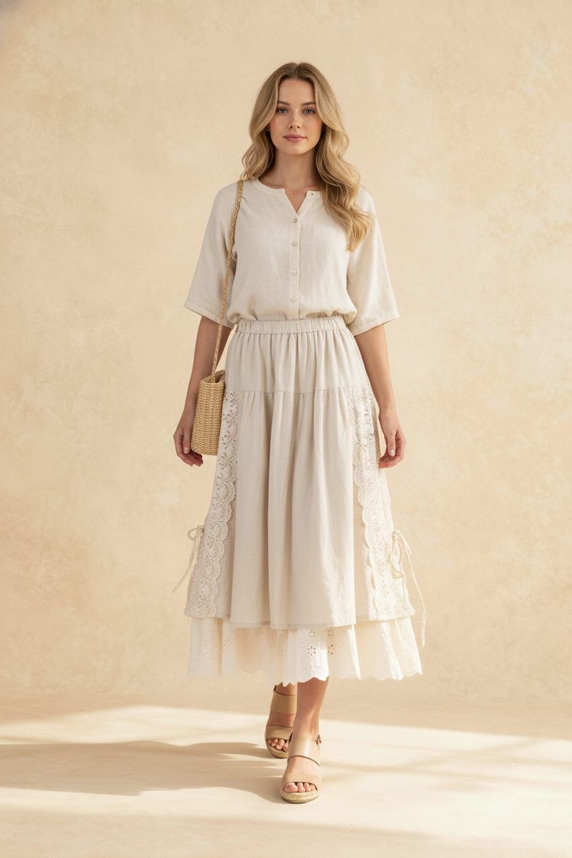 Elastic Waist Tiered Eyelet Lace Panel Side Tie Midi Skirt 2