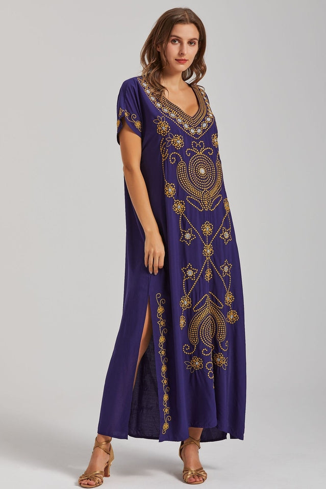 Embroidered V-Neck Short Sleeve Kaftan Maxi Dress 12