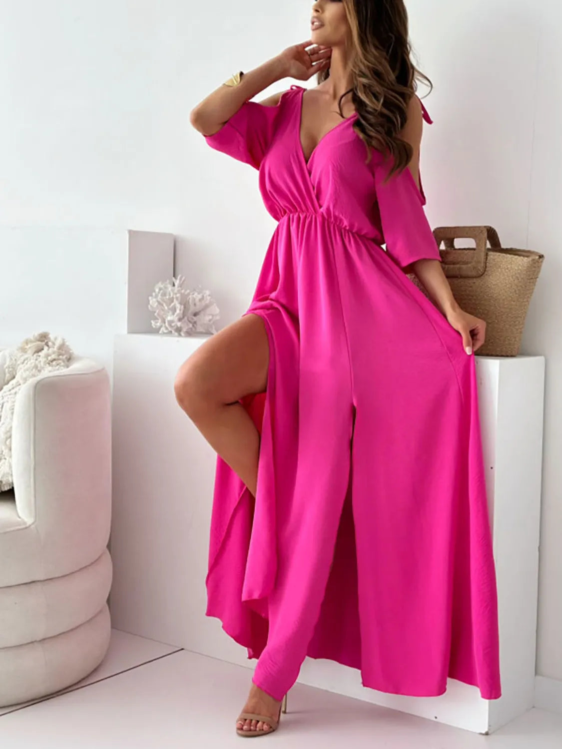 Tied Shoulder Slit Maxi Dress Hot Pink