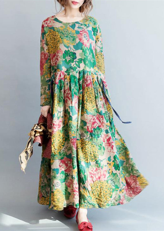 Tropical Print Long Sleeve Crew Neck Flowy Maxi Dress