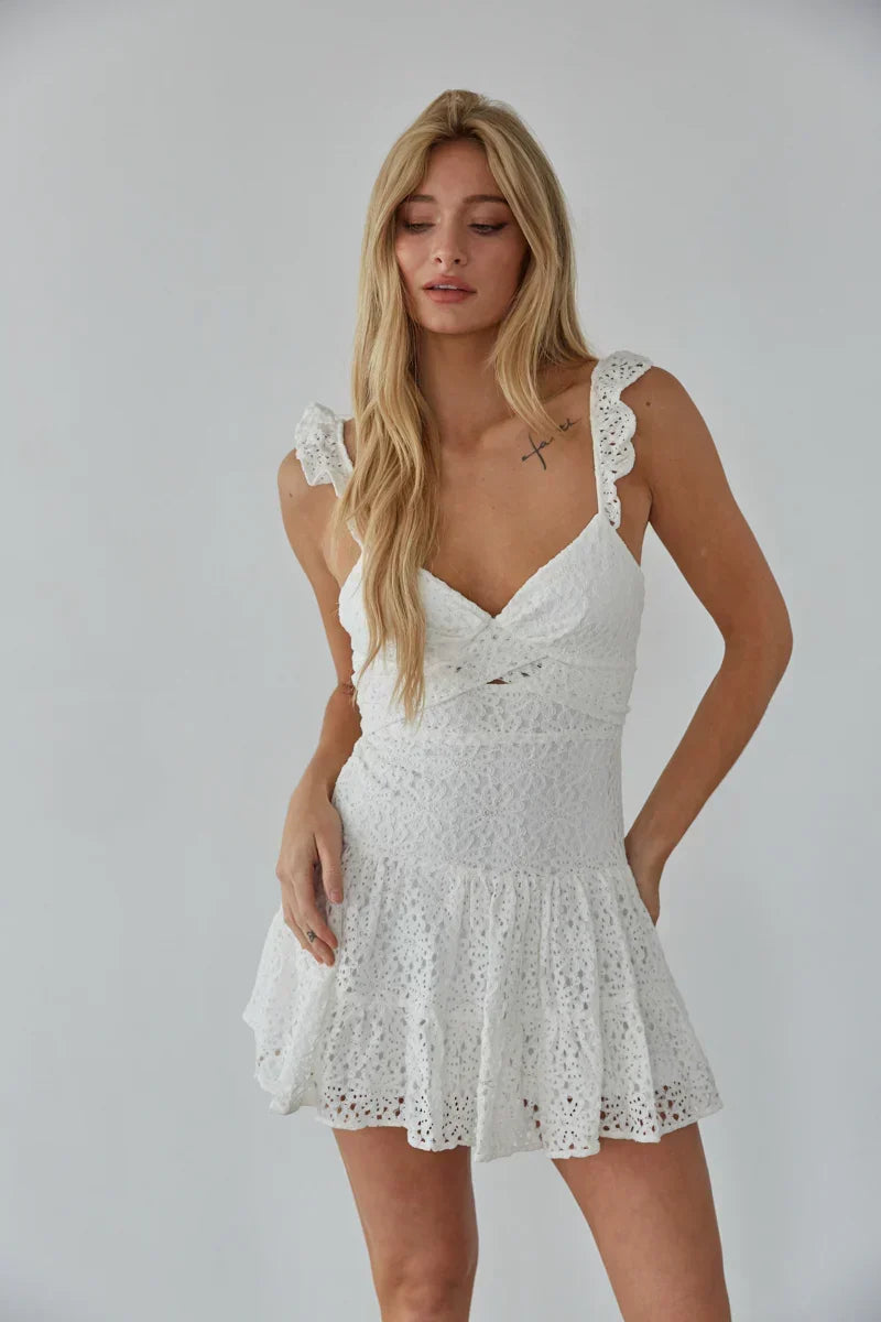 Eyelet Lace Sweetheart Ruffle Strap Tiered Mini Dress 2