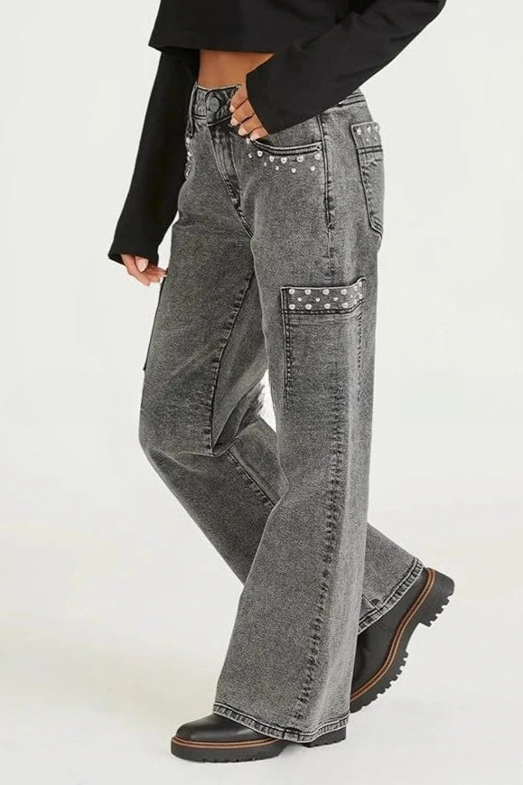 Y2K Pearl Embellished High Waist Boyfriend Straight Jeans